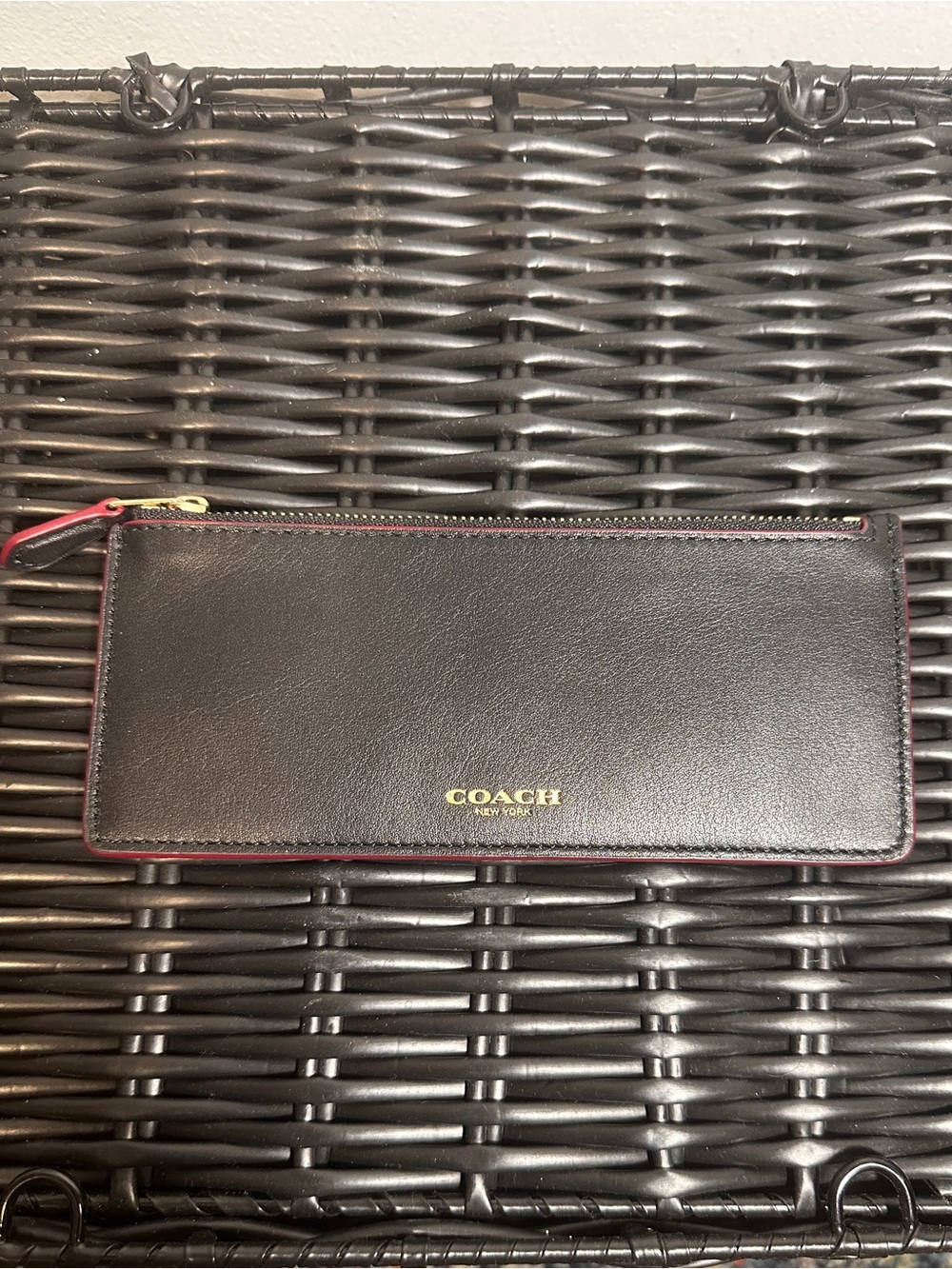 Coach Black Leather Zip Wallet with Red Trim and Gold Logo